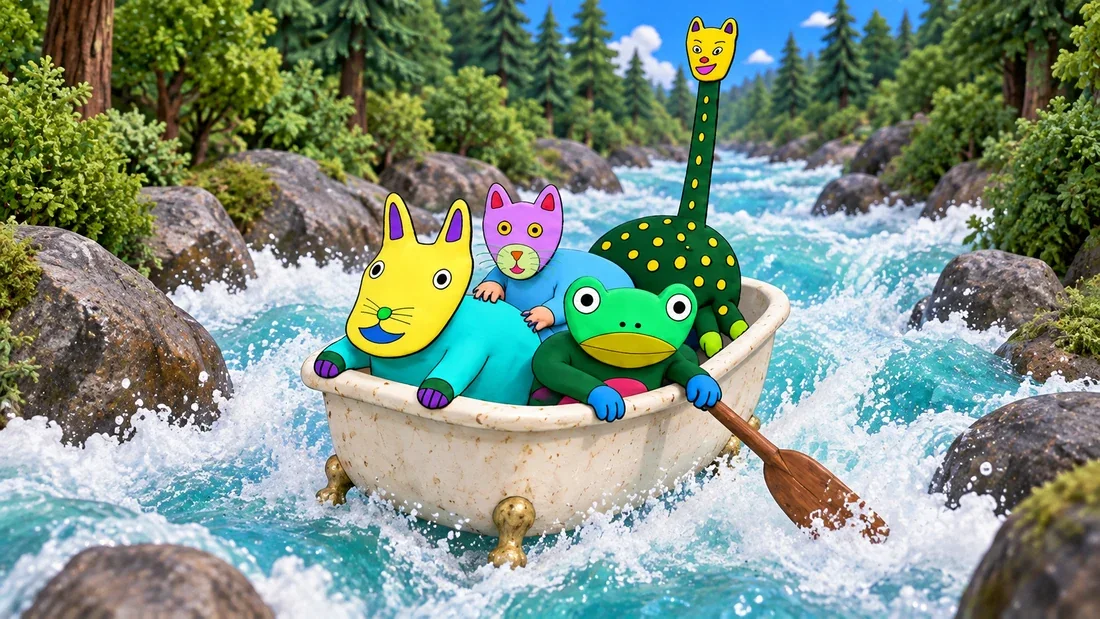 おふろで かわを くだる どうぶつたち